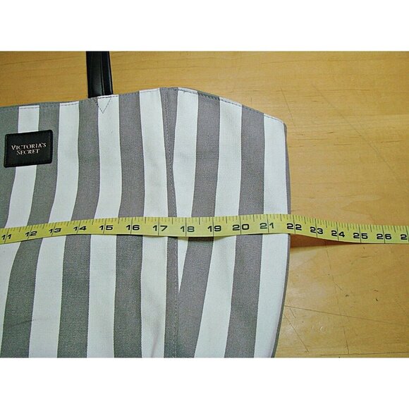 Victorias Secret Striped Canvas Tote Bag Gray White Beach Travel Weekender Book - Picture 7 of 12